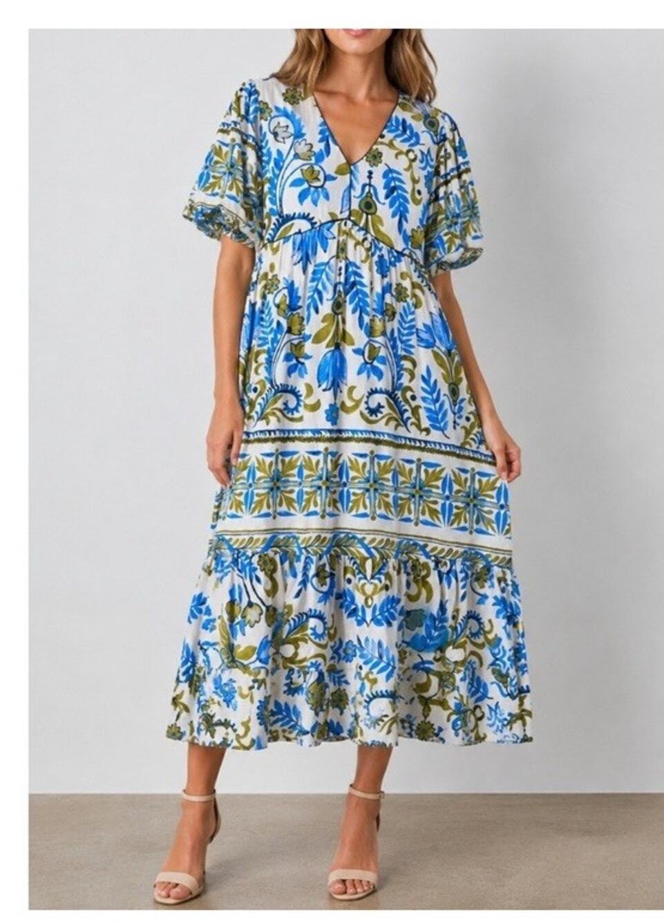 Anthropologie Fig and Flower Floral V-Neck Puff Sleeve Midi Dress L